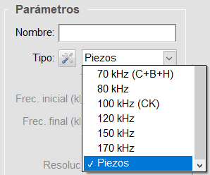 Selección de parámetros del Software TRZ para pruebas de piezocerâmicas.